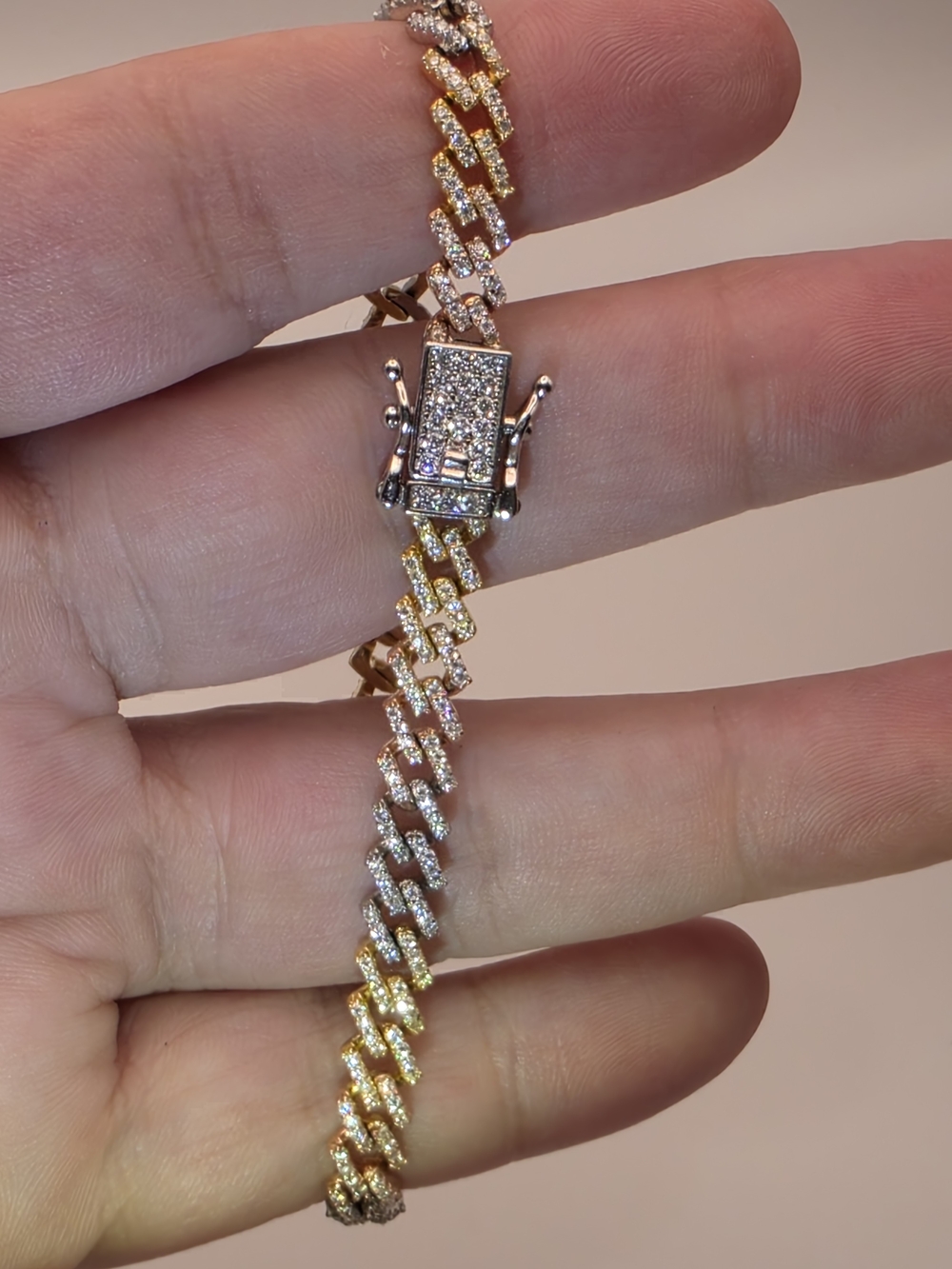 7.5 Inch Tri-Gold Moissanite Cuban Link Bracelet with Pavé Clasp